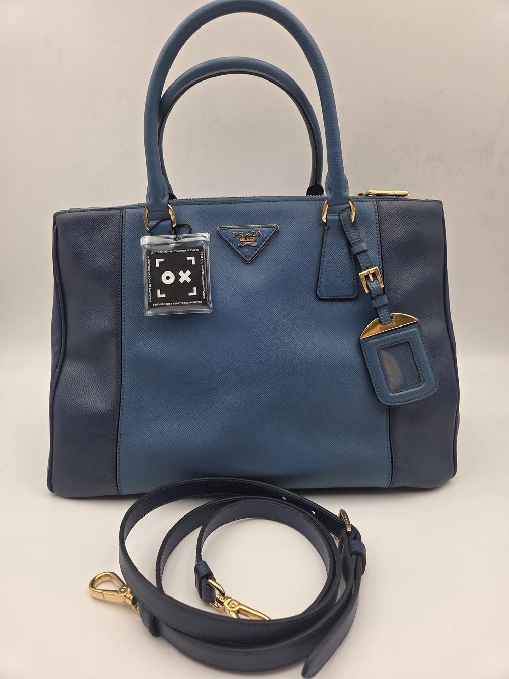 Prada Blue Saffiano Leather Top-Handle Medium, Auth. w/COA.
